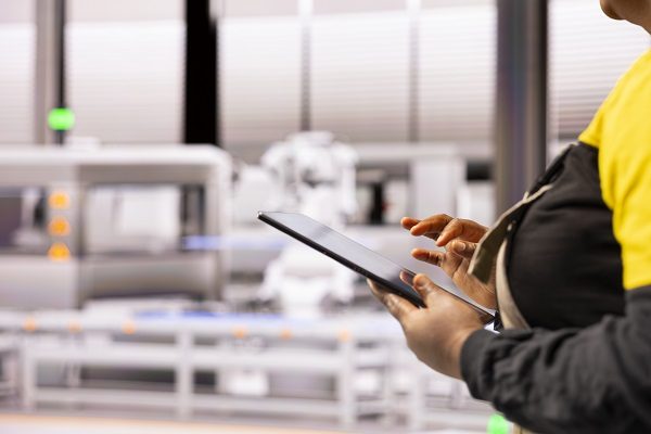 High tech industrial plant specialist programs and refines robot arm automation processes, using digital interface to enhance production efficiency. Professional engineer upgrading industry 4.0 system